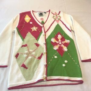 Storybook Knits Pink Green Argyle Golf Stars Cardigan Sweater Womens Sz S